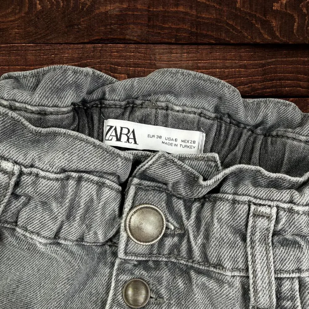Zara Gray High-Waisted Paperbag Barrel Denim Jeans Button Fly Size 6